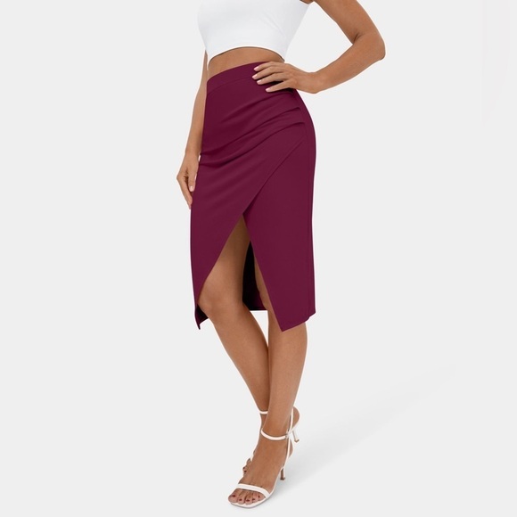 Halara Ruched Split Hem Bodycon Midi Casual Skirt - Picture 1 of 5